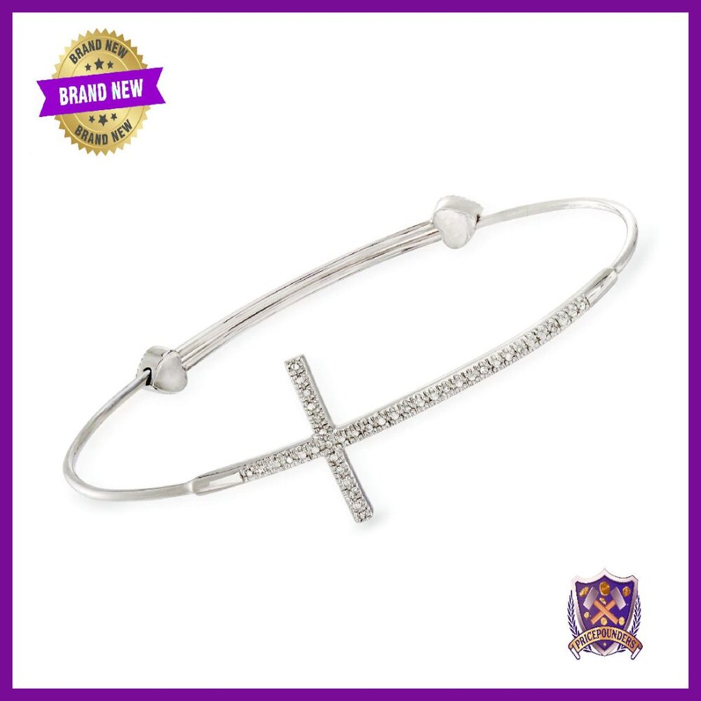 Sterling Silver Diamond Cross Bangle Bracelet Expandable Fit